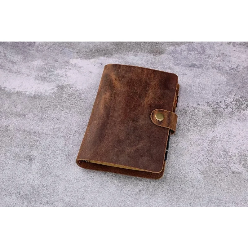 Personalized refillable 6 ring rustic leather A6 journal cover with pen holder ,  leather A6 refill planner binder sketchbook