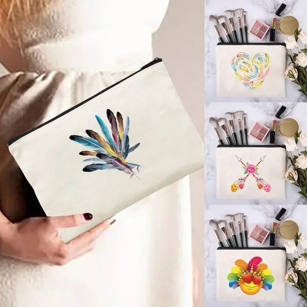 

Women Travel Cosmetic Bag Makeup Organizer Lipstick Make Up Case Storage Pouch Zipper Clutch Phone Purse Feather Pattern Series