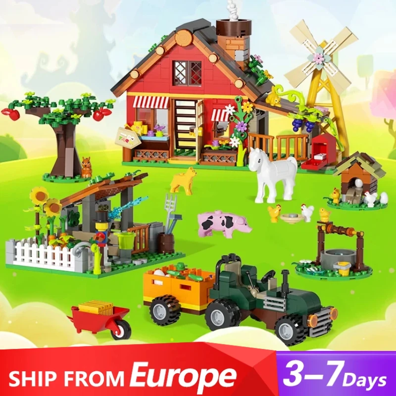 

649 шт. креативные ветряные мельницы, фермерские строительные блоки с сельскохозяйственными автомобилями, животными, деревьями, растениями, кирпичами, аксессуары, головоломки, детские игрушки, подарок
