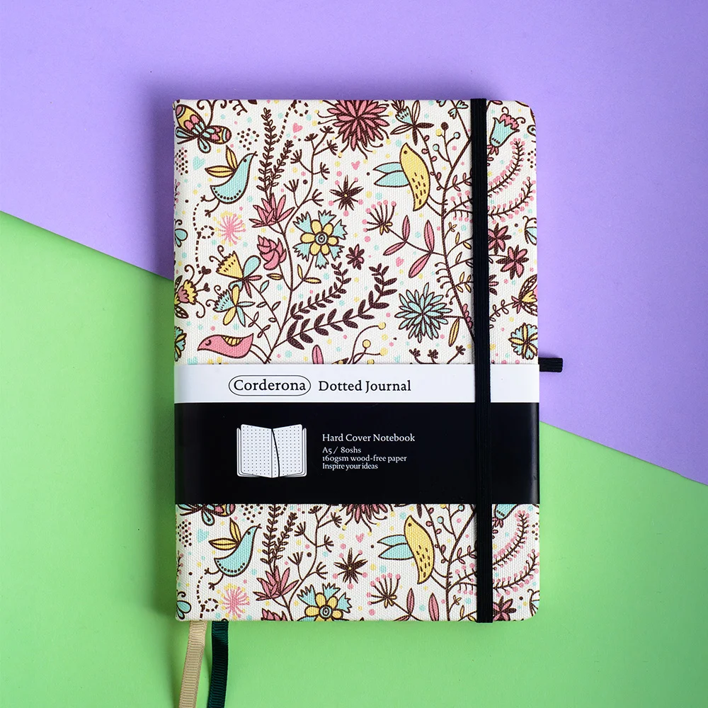 Corderona Floral Bullet Dotted Journal 160gsm Thick Paper Elastic Band Collage A5 Hardcover Notebook