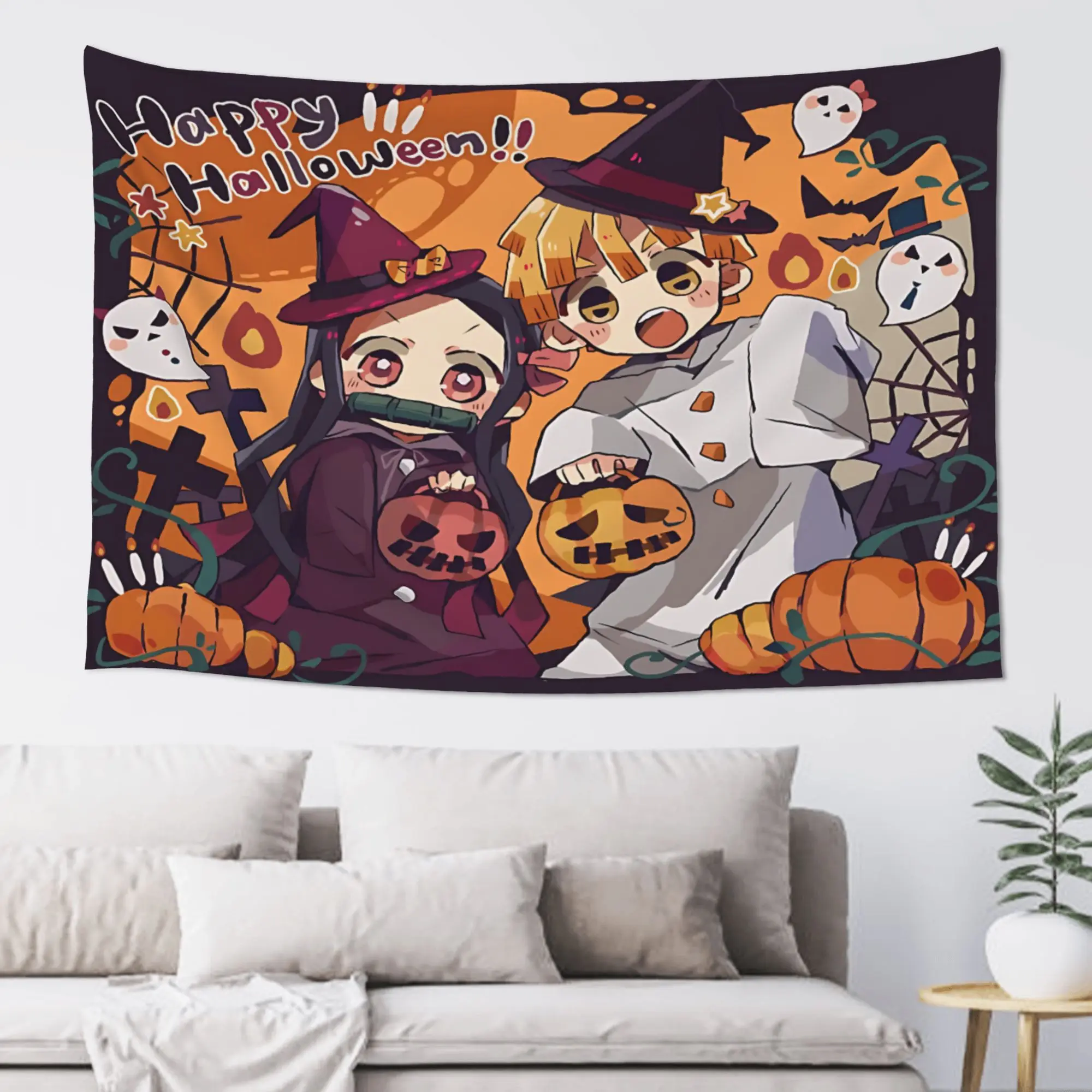 Customized Halloween Demon Slayer Cutecore Tapestry  Wall Hanging Blanket Tapestry Home Decor Items Wall Decorations