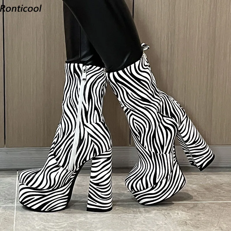 Ronticool Real Photos Women Platform Ankle Boots Chunky High Heels Round Toe Zebra Outfitting Shoes Ladies Plus Size 35-52