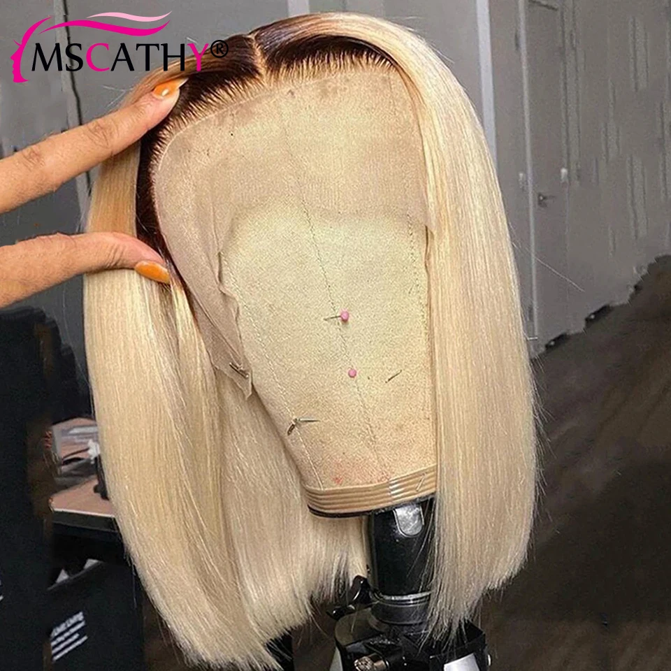 Wig rambut manusia Ombre pirang 613 tanpa lem untuk wanita memakai dan pergi wig Bob rambut Remy Brasil wig Bob pendek renda transparan HD