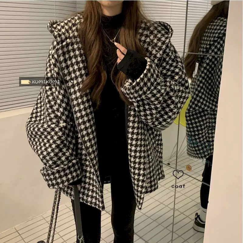 Womens Cardigan Hoodies Fashion Houndstooth Woolen Hooded Coat Autumn Winter Trendy Loose Thickened Woolen Hooded Jackets Woman