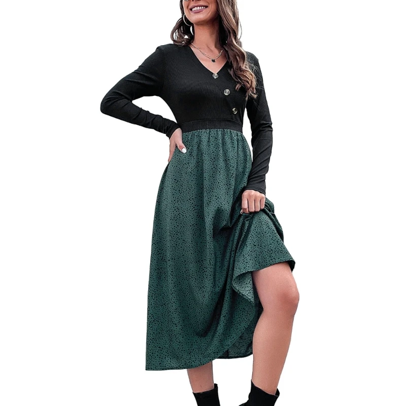 

A0NF Women Long Sleeve Ribbed Midi Dress Modest Casual Work Dress V Neck Sexy Fall Dress Button Decoration for Girls