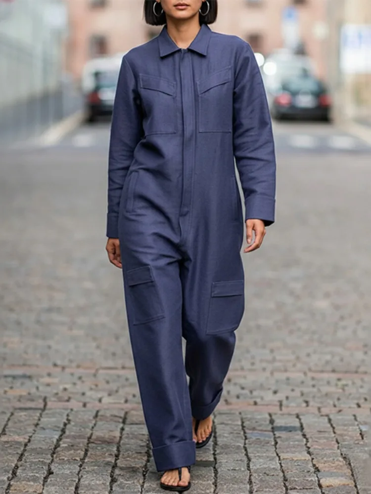 Onecozyday Women's Navy Blue Utility Jumpsuit Lapel Collar Long Sleeves Zippered One-piece Pants 2025 Casual Streetwear Outfits