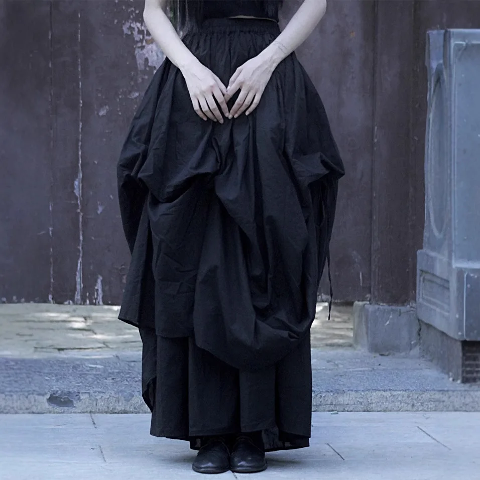 

Women's Cotton Skirt Design Unique Trend Gathered Black White Skirts Women's Clothing Retro Pleated Asymmetrical Skirt