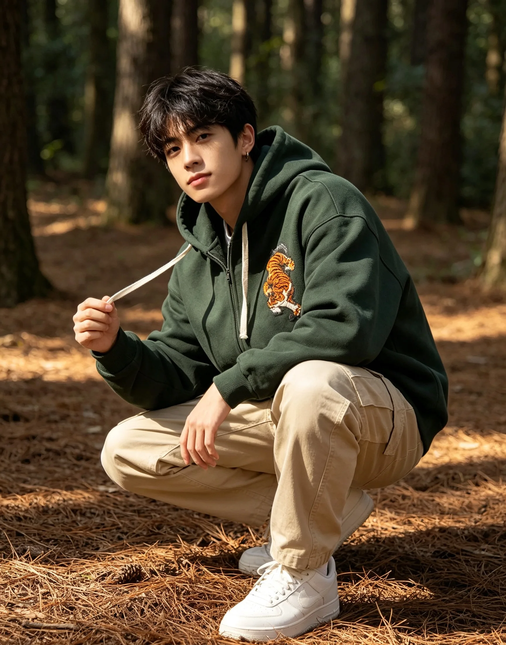 Vintage Tiger Embroidery Zip Up Hoodie Dark Green Oversized Casual Hooded Jacket Unisex Streetwear Outerwear