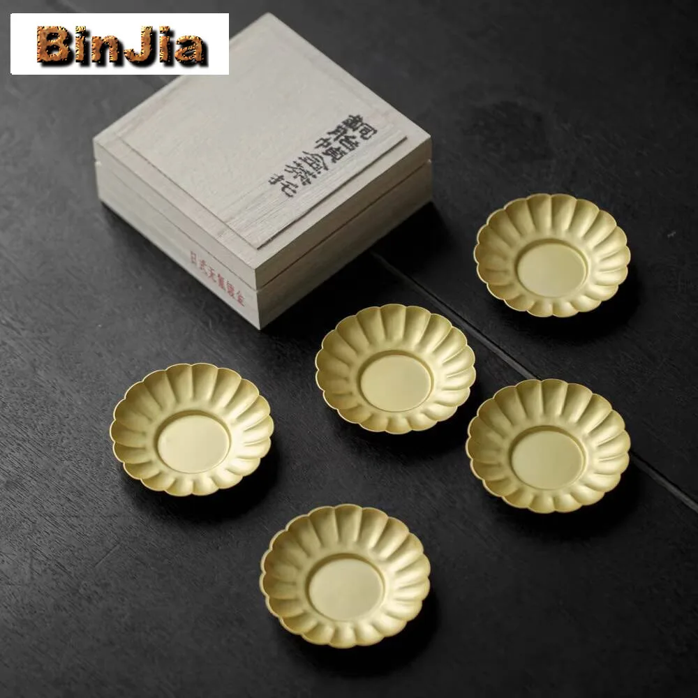 

5Pc/Lot Handmade Brass Petal Coaster Japanese For Coffee Cup Household Heat Insulation Placemats Tieguanyin Teaset Wood Gift Box