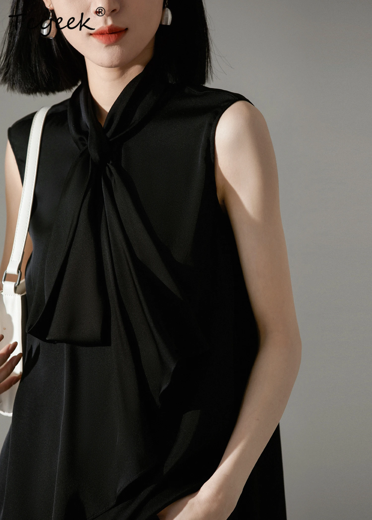 Tcyeek, chemise élégante en soie de mûrier 9%, volants sans manches avec ruban pour femmes, hauts OL de trajet à la mode, été automne 2024 T46428QM