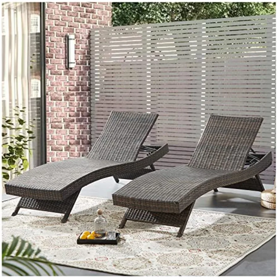 Chaise lounge for outdoor use, PE rattan, mixed brown, 79'' long reclining chair with adjustable backrest for beach, poolside,