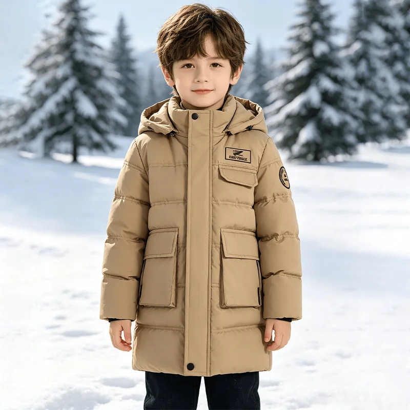 Boys Windproof Mid-Length Hooded Cotton Jacket Letter Icon Cargo Pocket Zipper Coat 5-12 Years Kids Outdoor Sports Outerwear
