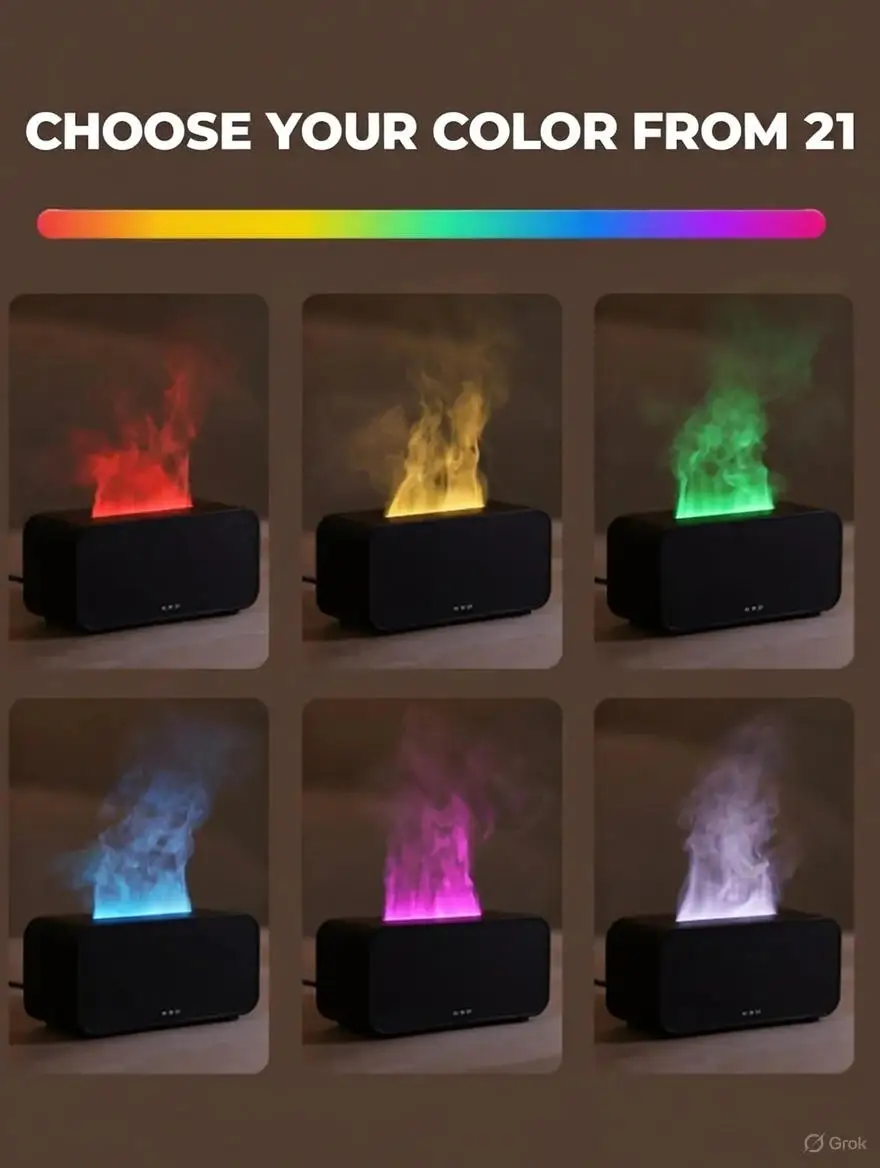 Mini Simulation Flame Humidifier with Colorful Atmosphere Light No Water Power Protection Timed Function for Home Bedroom Office