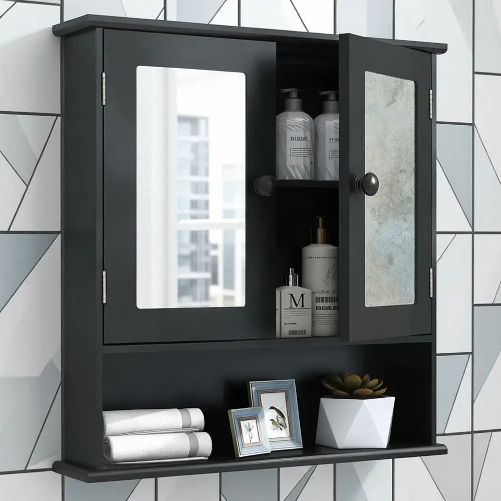 

Black Medicine Cabinet, 2 Doors 3 Open Shelf, Wall Mounted Wooden Storage Cabinet Over Toilet