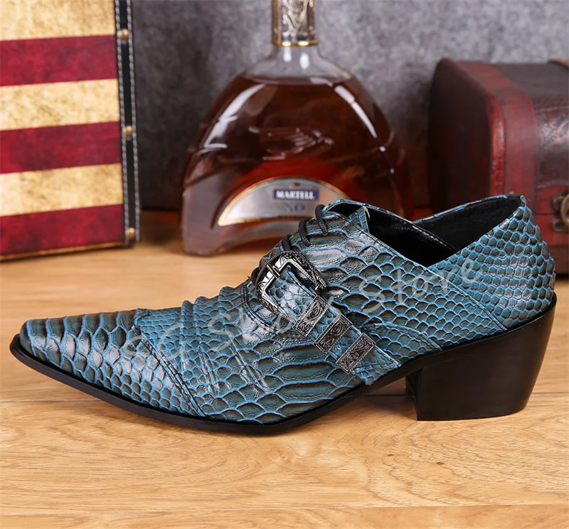 

Fashion Blue Snakeskin Pointed Toe Leather Shoes for Men Lace-Up Formal Business Wedding Dress Shoes Male Chunky Heel Oxfords