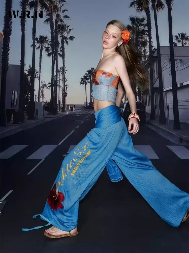 

Coconut Girl Style Casual Letter Print High Waist Wide Leg Pants Women Fashion Beach Loose Soft Full Length Letter Trousers