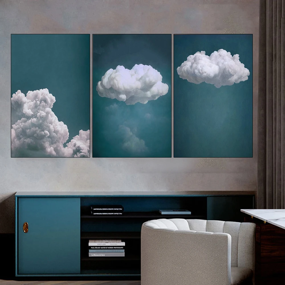 Set of 3 Teal Blue Cloud Prints Moody Cloud Weather Canvas Painting Modern Wall Art Posters for Living Room Pictures Home Decor