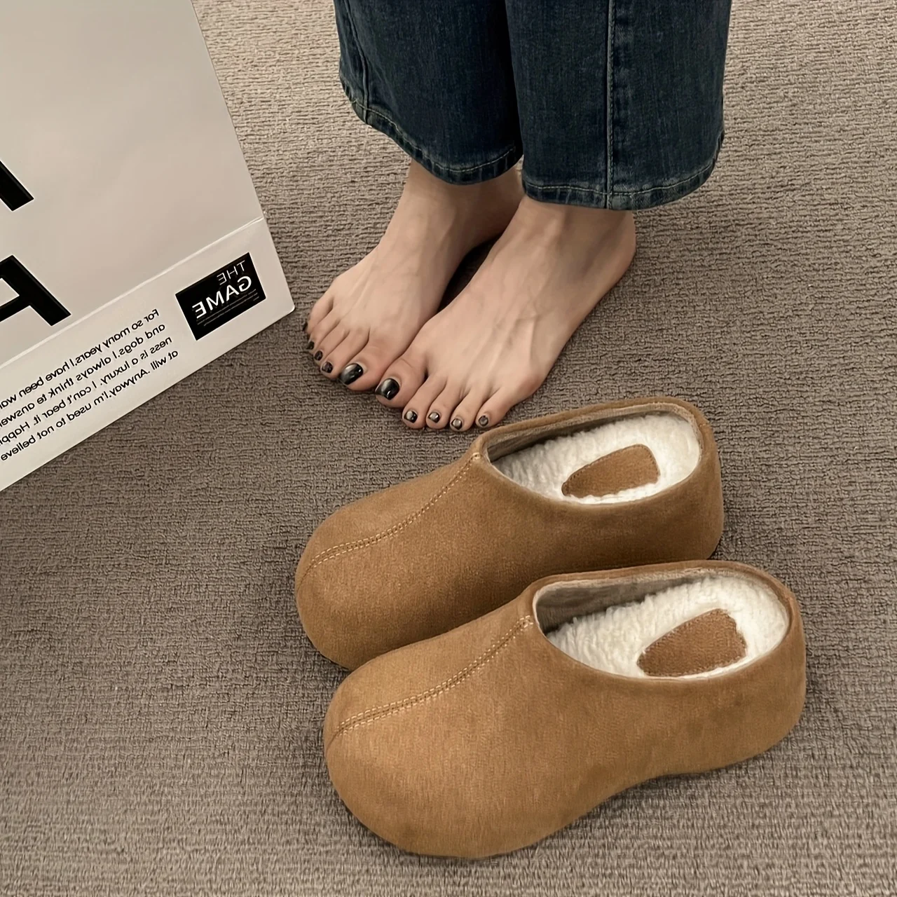 أحذية بوركين مبطنة بالصوف بنعال سميكة، وصل حديثًا لشتاء 2025، أحذية كاحل بسيطة دافئة