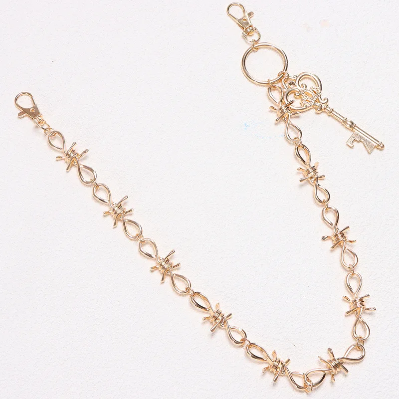 Gold Tone Barbed Wire Key Pendant Pants Chain Unisex Metal Waist Chain Y2K Punk Jeans Hanging Decor Clothing Accessory