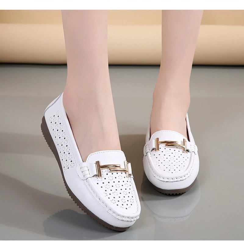 Summer Women Flats Shoes Cutouts Genuine Leather Loafers Shoes Woman Breathable Ballet Flats Oxford Women Casual Shoes