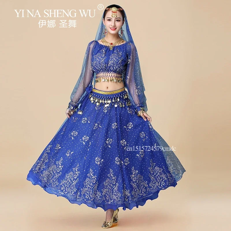 Nouveau ensemble de costumes de Bollywood vêtements de spectacle de danse du ventre en mousseline de soie à paillettes haut à manches longues femmes adultes ensemble de costumes de danse indienne
