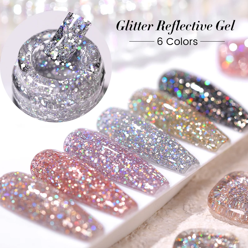 BORN PRETTY 10ml Champagne Silver Glitter Reflective Nail Gel Polish Sparkling Holographics Semi Permanent UV Gel Nail Art Gel