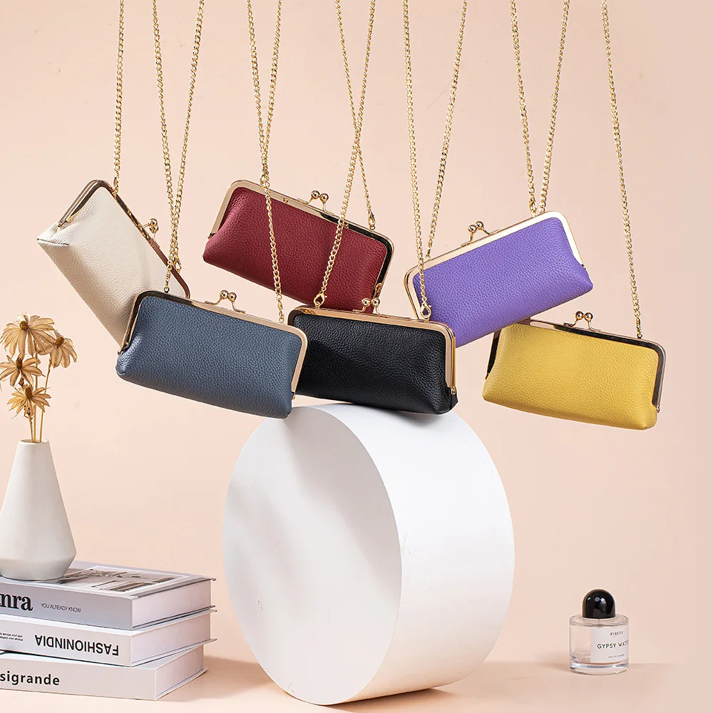 

Litchi Grain Leather Kiss-Lock Closure Evening Clutches, Removable Metal Chain Crossbody Purses for Cosmetics & Smartphone