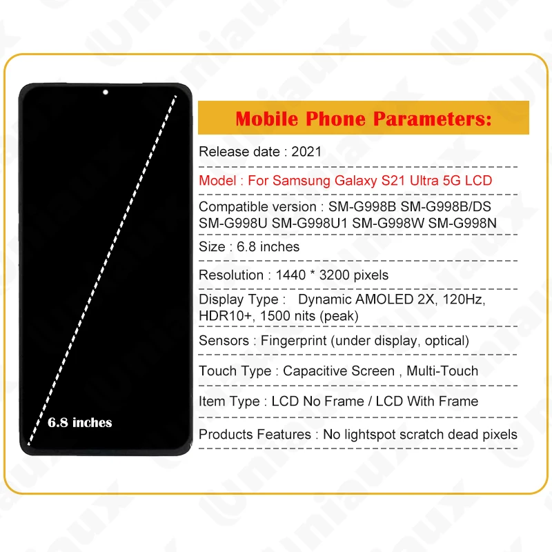 Super AMOLED For Samsung Galaxy S21 Ultra LCD G998 G998B G998U G998W Display Touch Screen Digitizer  Assembly