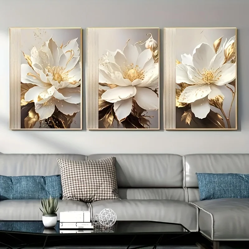 

3pcs/set Canvas Prints White Golden Flowers Decorative Painting Modern Wall Art Decor Poster Picture For Living Room Unframed