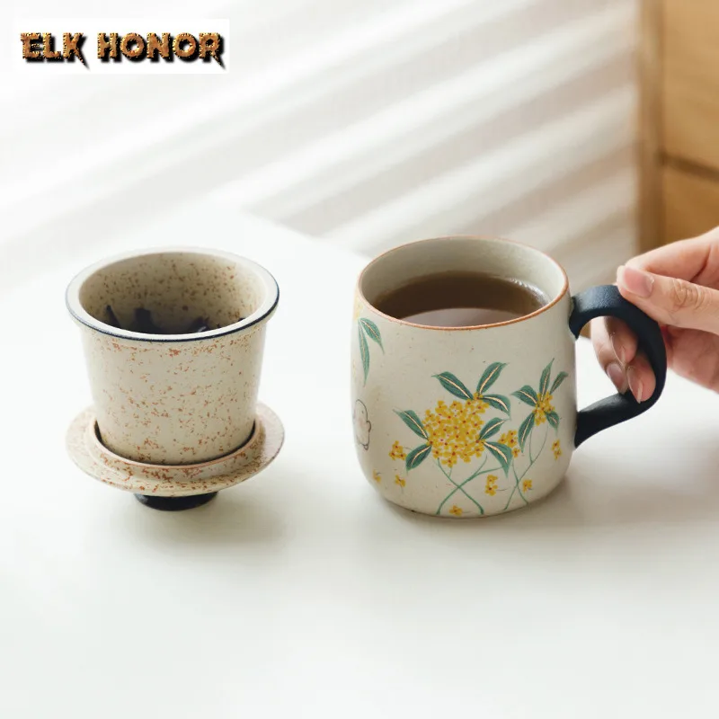 

430ml Pure Hand-painted Blue And White Flint Red Filter Tea Separator Cup Retro Tea Mug With Infuser Tea Making Office Water Cup