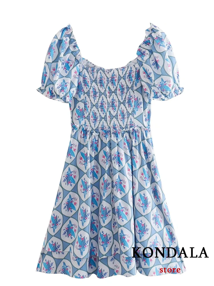 Kondala boho azul floral impressão mini vestido feminino laço de manga curta babados moda 2022 vestido de verão elegante mujer vestidos