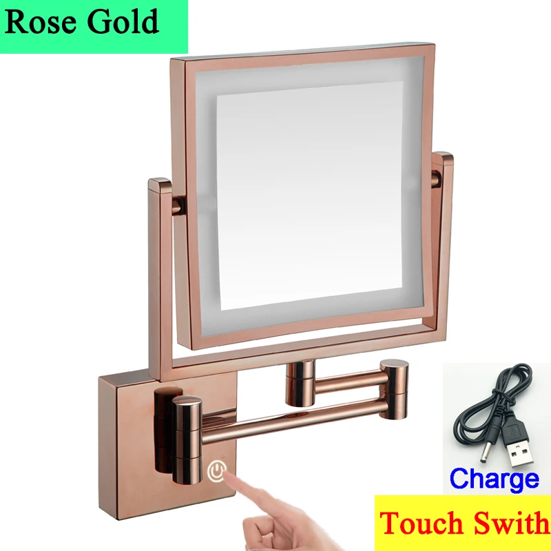 Square Touch Led opvouwbare badkamerspiegel 3x vergrotende badkamer make-upspiegels Accessoires Wandmontage Touch on badspiegels
