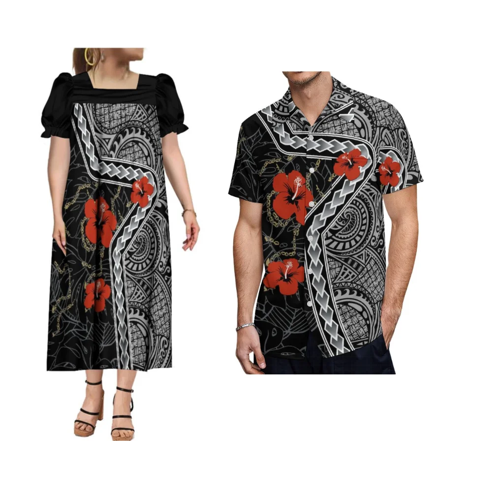 Hochwertiges Mumu Frauen Puff ärmel Kleid Hawaii Party ethnischen Muster langes Kleid mit Herren hemd polynes ischen Stammes Brauch