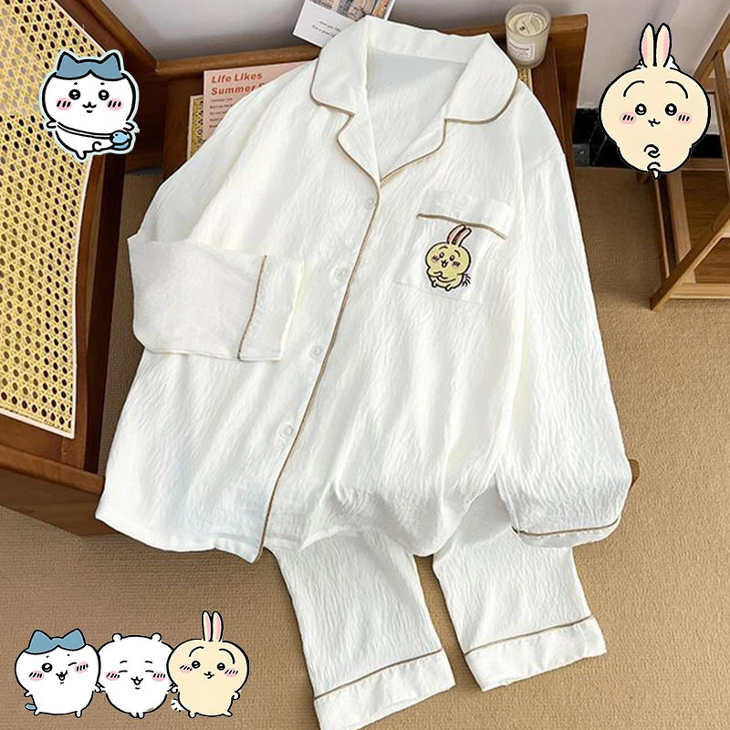 

2Pcs Chiikawa Sleepwear Solid Color Home Wear Anime Hachiware Long Sleeved Pants Usagi Pajama Set Sweet Nightwear Festival Gift