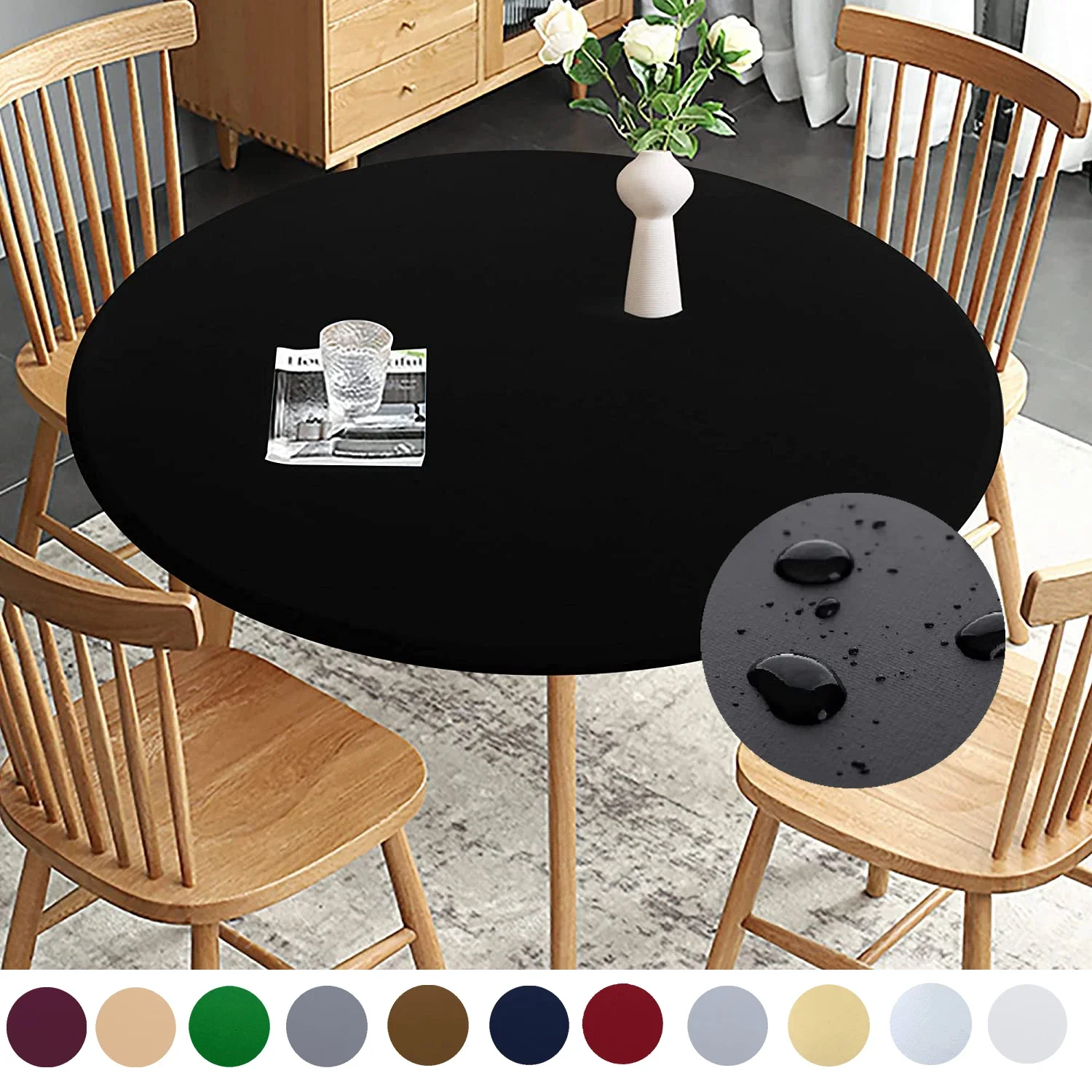 Solid Color Round Tablecloth Waterproof Spill Elastic Stretch Table Protector Cover Home Kitchen Dining Room Decoration Home Dec