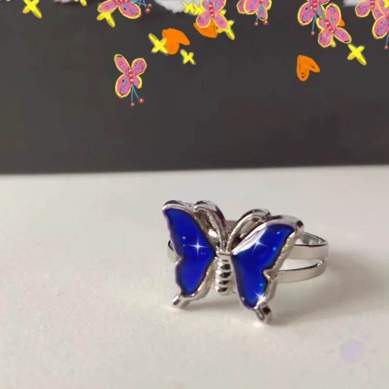 1pcs Butterfly Glitter Powder Adjustable Size Mood Ring Control Color Animal Rings