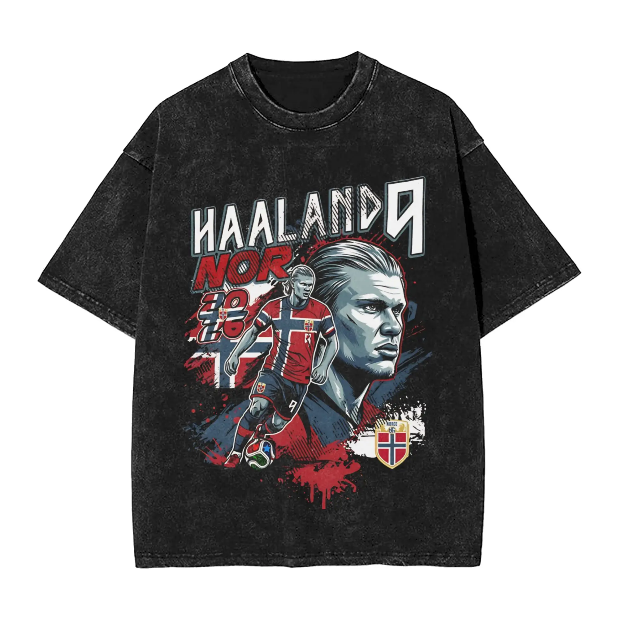 Футболка Haaland 2026 Norway Vintage Washed, мужская, хлопковая, повседневная, с круглым вырезом, с коротким рукавом