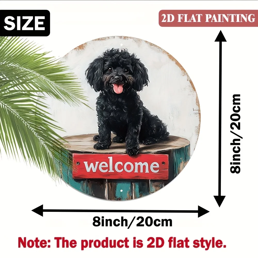 2D Flat, 1pc Rustic Welcome Sign - Red & White Welcome Lettering with Black Dog & Wood-Like Texture - 8x8 Inch Round Aluminum Me