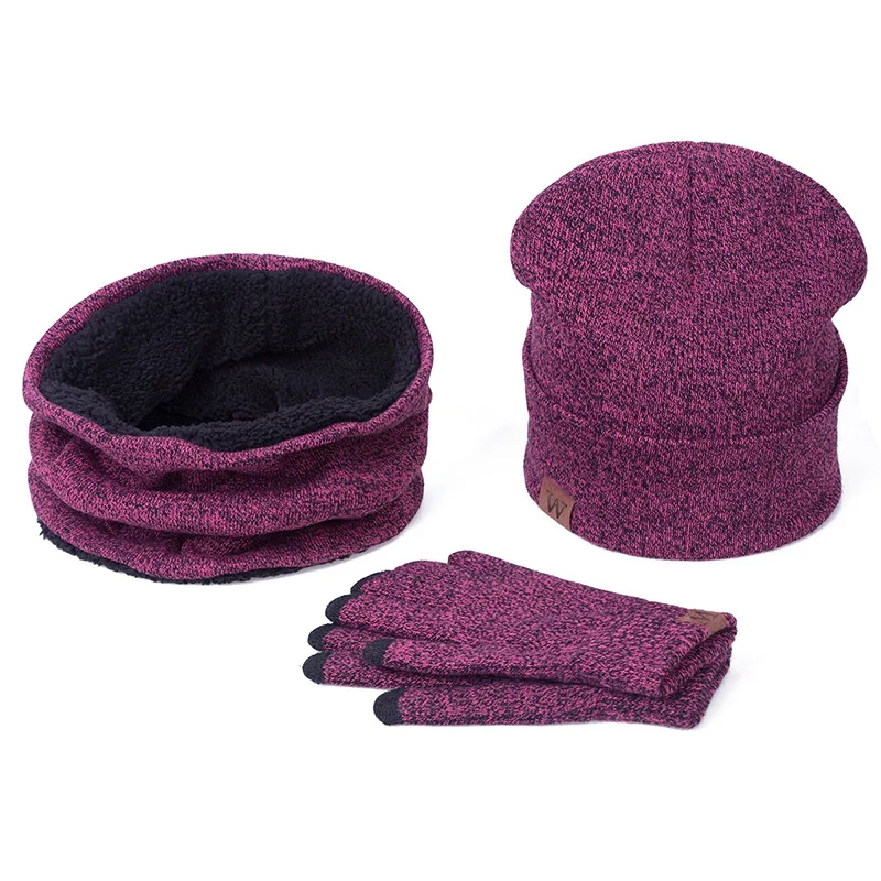 Christmas present Warm 3 Pieces Set Winter Hats Scarf Gloves For Women Men Thick Cotton Winter Accessories Set Male Scarf Gloves