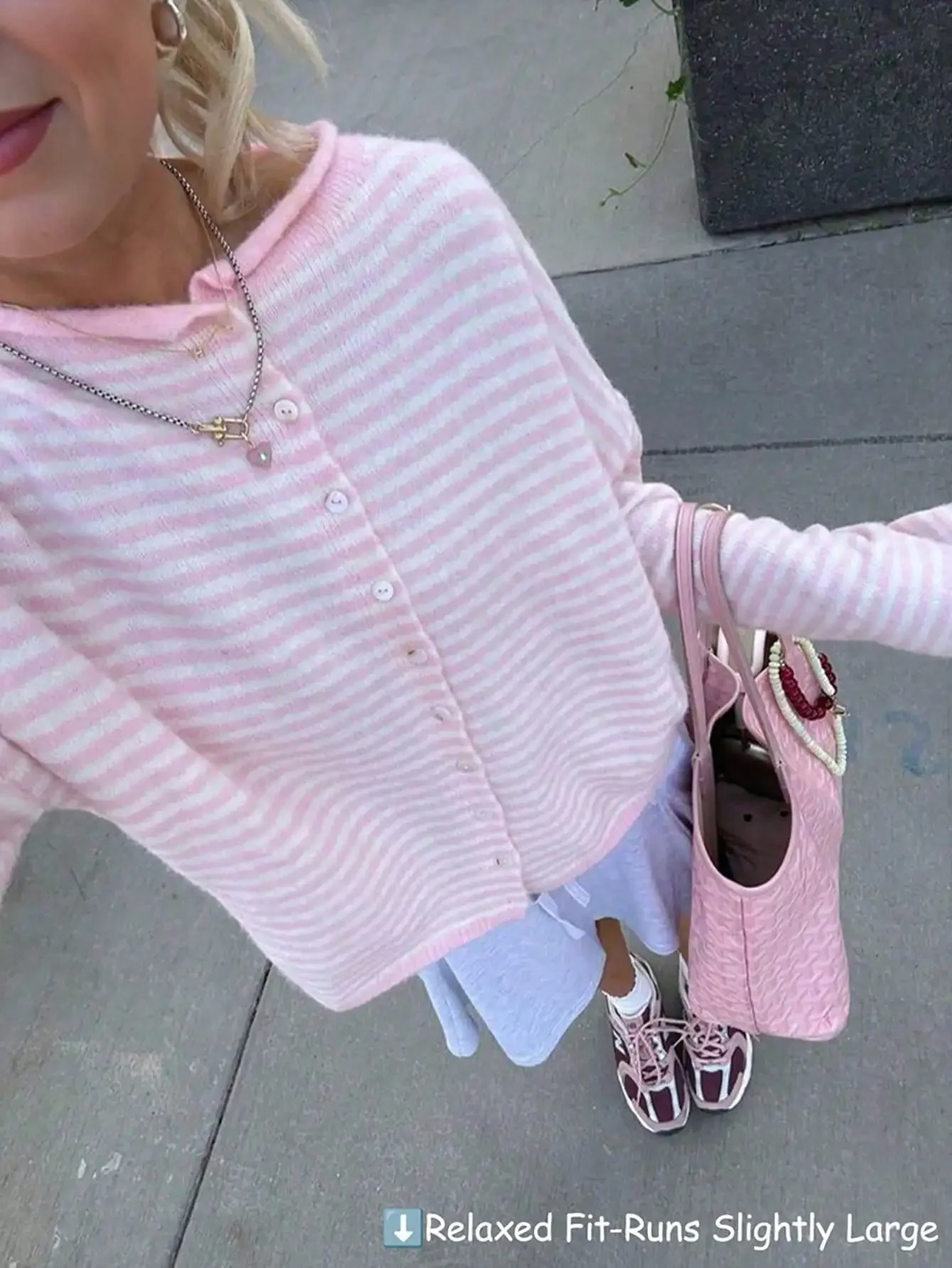 Coquette Aesthetic Pastel Pink Striped Knit Cardigan Sweetheart Chic Style Long Sleeve Soft Button-Down Outerwear Top Creamy Pink White Horizontal Stripes Ribbed Trim Slouchy Oversized Fit For Autumn Street Walks Valentine Present