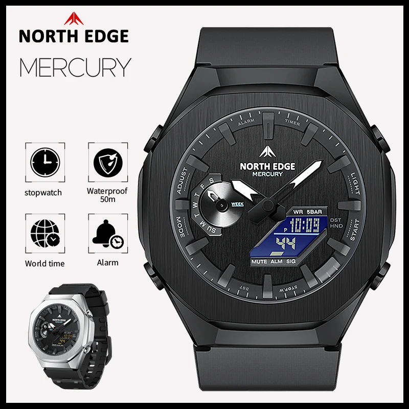 

NORTH EDGE MERCURY Men's Military Digital Watch Stopwatch Waterproof 50M Sports Watches World Time LED Wristwatch