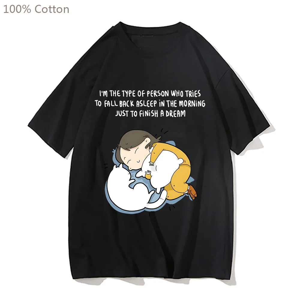 My Daily Life with Cat Finish A Dream Tshirts MEN Cartoon T-shirts 100% Cotton High Quality Tees Four Seasons Kawaii/Cute Casual