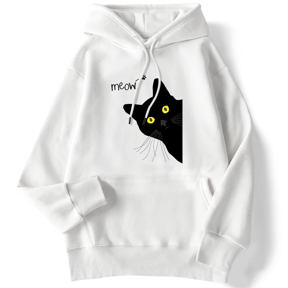 

Meow Black Cat Hoodies Funny Printing Sweatshirts Men Autumn Winter Clothes Kawaii Cute Tops Kpop Streetwear Women Sudadera Coat