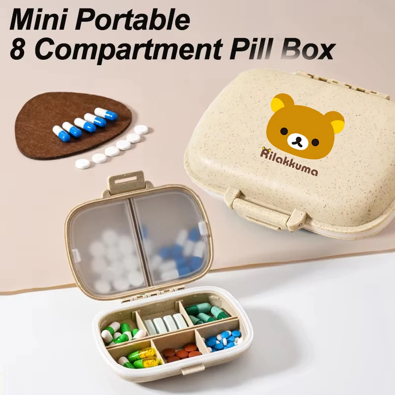 

Портативный органайзер для таблеток Rilakkuma, чехол с 8 сетками, контейнер для хранения таблеток, дорожная еженедельная коробка для таблеток, чехол для таблеток