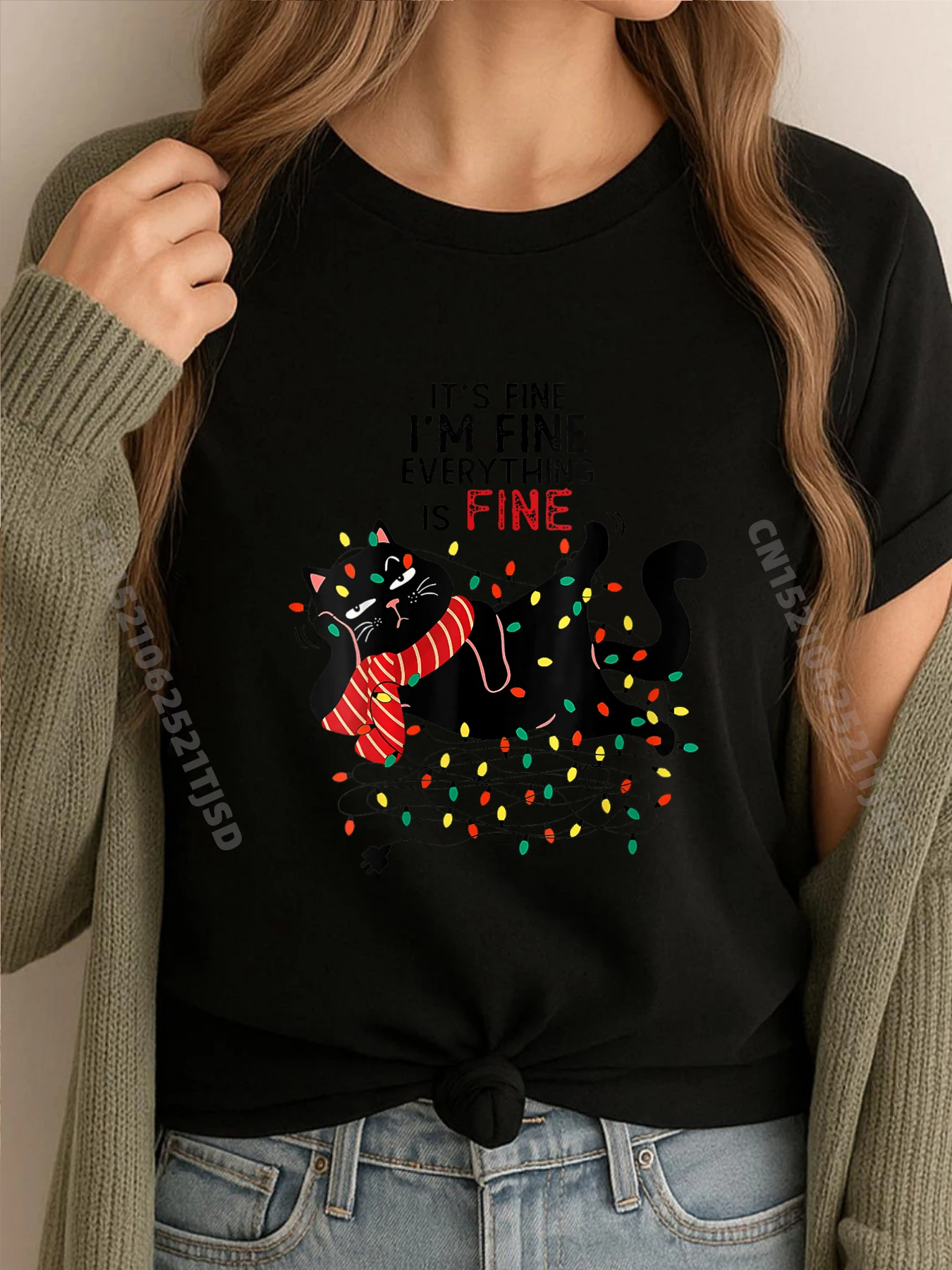 

Женская черная кошка It Fine I M Fine Everything Is Fine, рождественская одежда, бесплатная доставка, повседневные футболки с натуральным рисунком