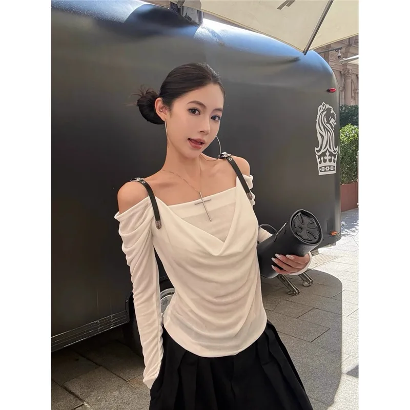 

2025 Fall/Winter New Design Swing Collar Leather Strap Acetate Long-Sleeved T-Shirt Women's Autumn One-Shoulder Hot Girl Top