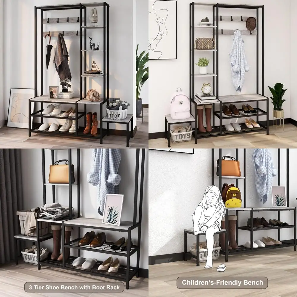 

Compact Storage Bench with Coat Rack and 7 Hooks, Featuring 4 Adjustable Shelves for Shoes and Accessories