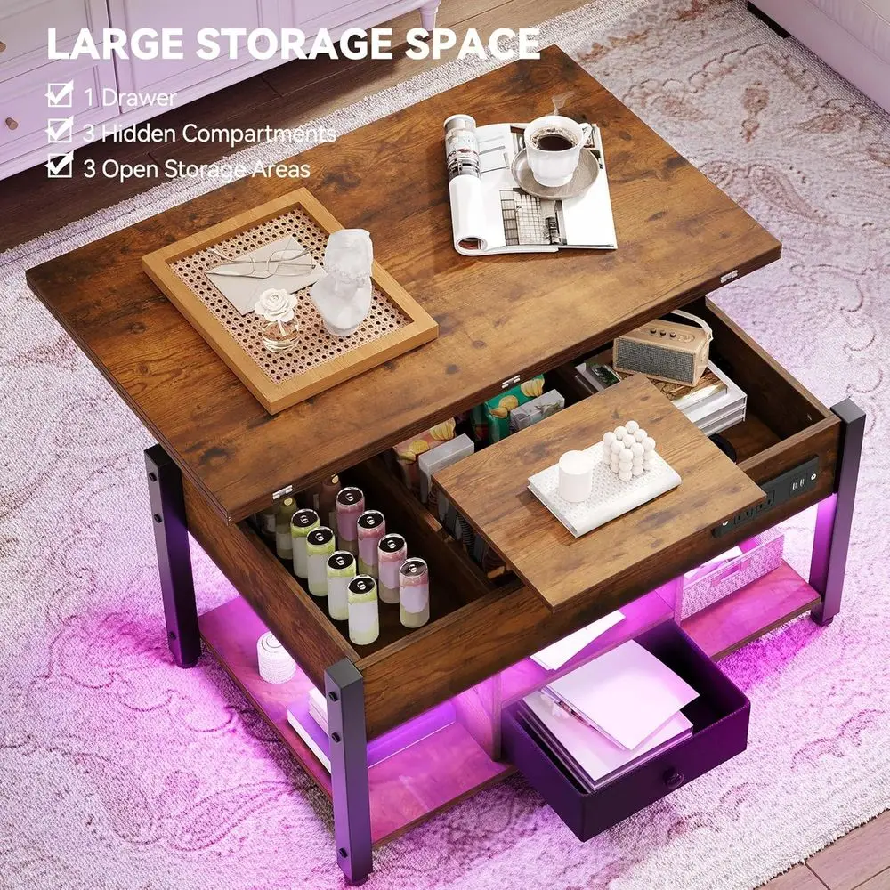 Multifunctional 4-in-1 Coffee Table with RGB Lighting, Power Outlets, Storage, and Dual Tops, Ideal for Dining, Gaming, and Offi
