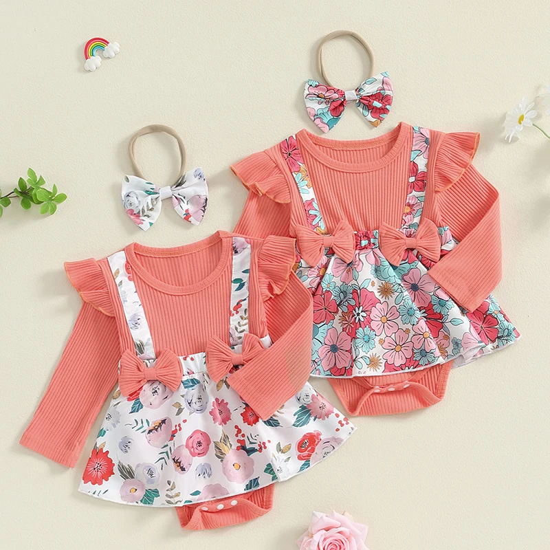 

2024-06-11 Lioraitiin Newborn Girl Outfit, Long Sleeve Crew Neck Flower Print Romper Dress with Bowknot Headband Clothes