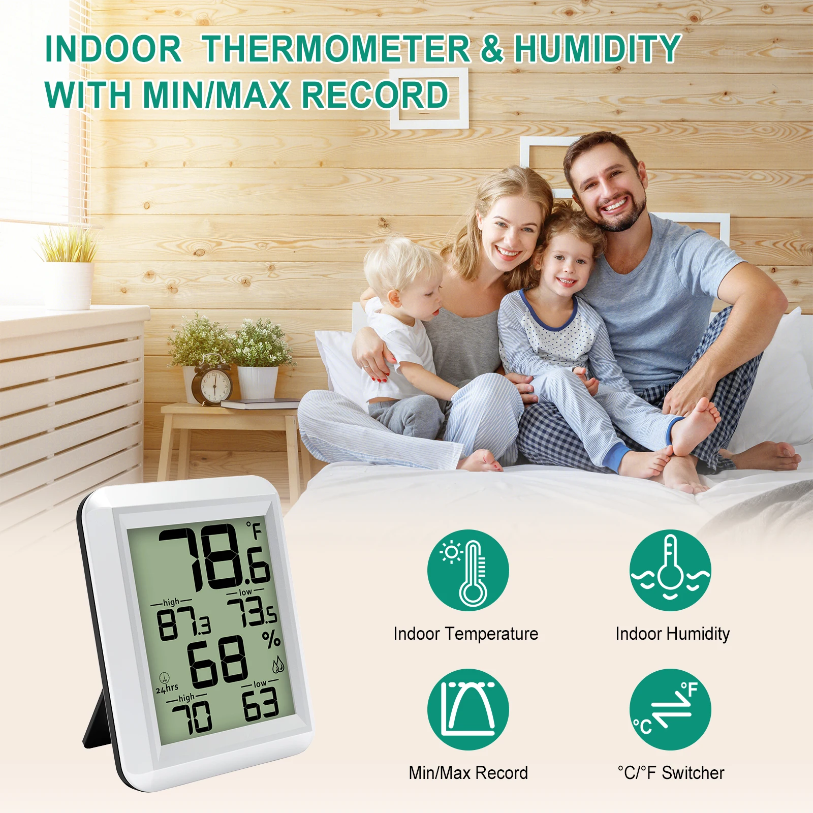 【2025 Upgraded 】Digital Hygrometer Thermometer with Large Dual Display 24H High/Low Memory & Auto Reset for Home Office